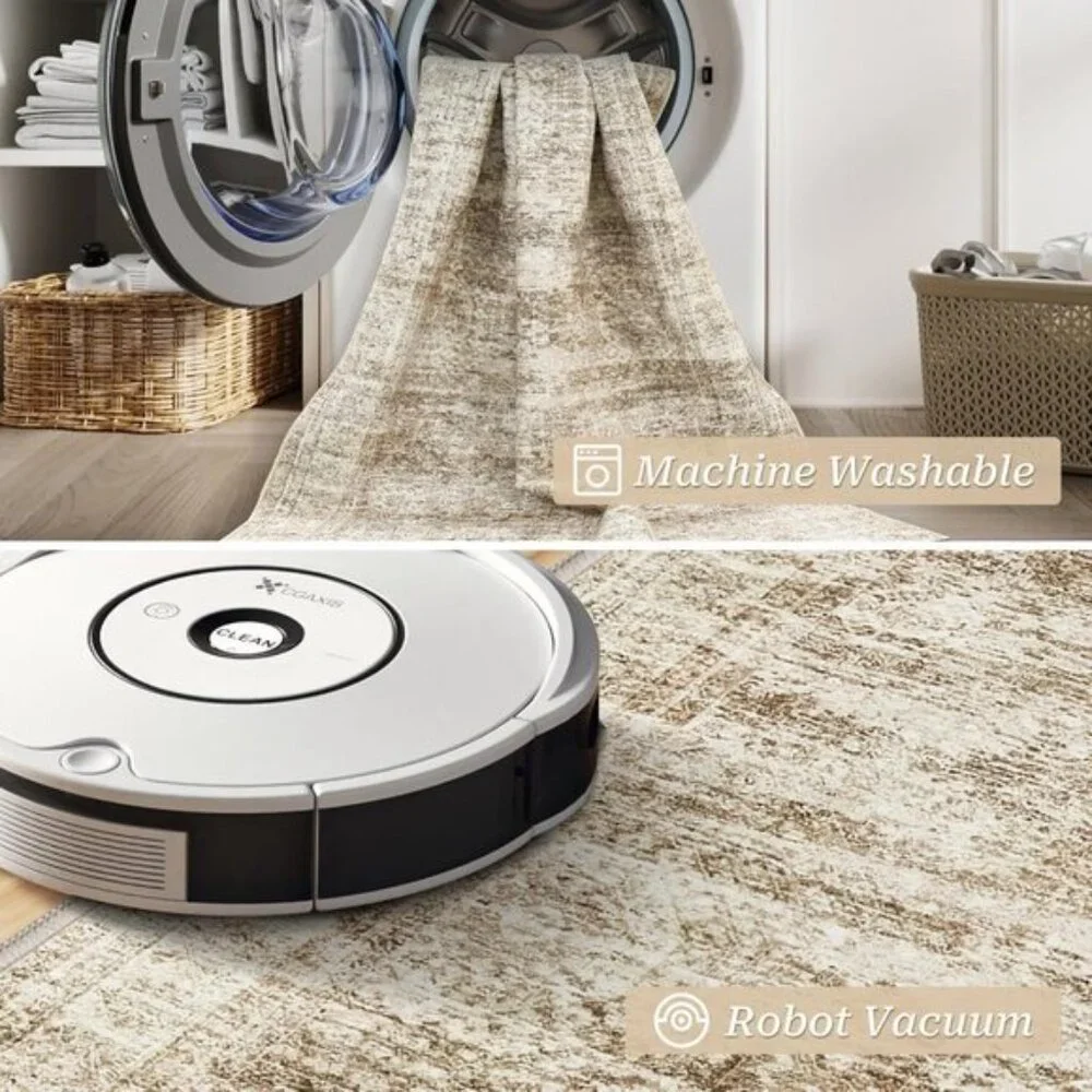 2.5x8ft Non-Slip Kitchen Runner Rug, Washable Low Pile Vintage Rug, Brown/Ivory